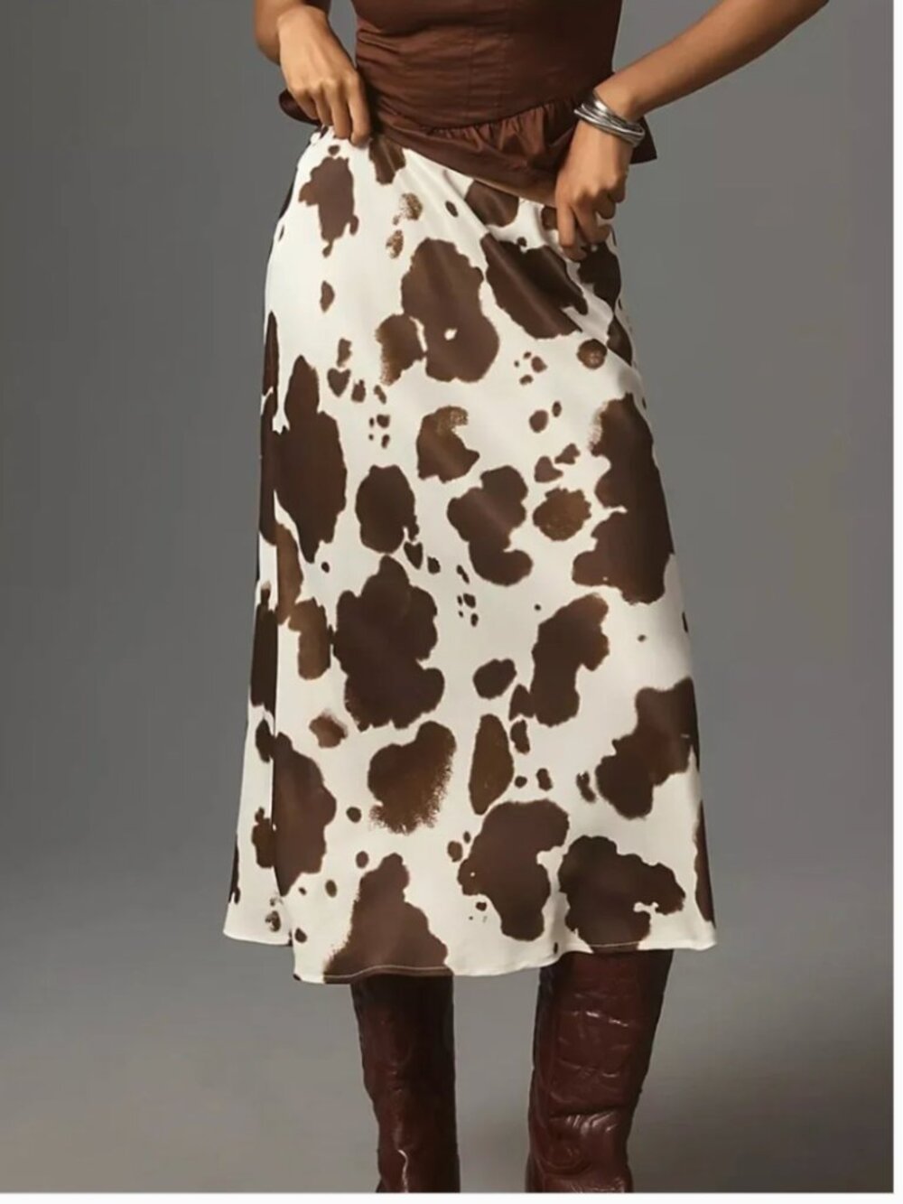 Anthropologie Tilda Midi Slip Cow Print Silky Skirt size S